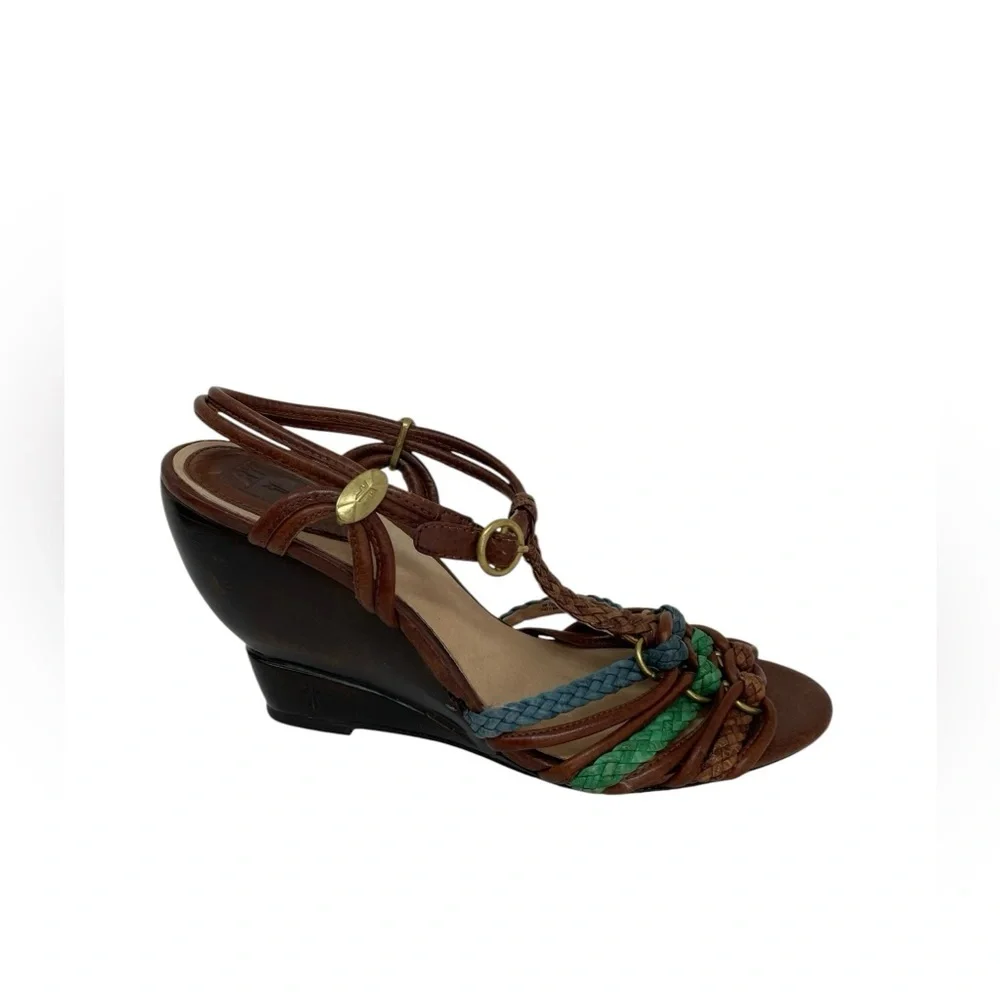 FRYE COLETE Sandals Brown Braided Leather Wedge Heels Open Toe Strappy Buckle 9